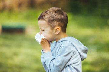Child with pollen allergy. Boy sneezing and blowing nose because of seasonal allergy while sitting...