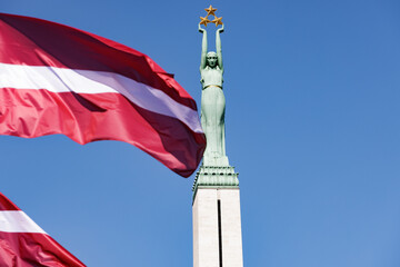 Latvia Independence Day. National Freedom Monument. Riga in Spring. Day of Restoration of Latvia’s independence	