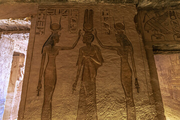Abu Simbel, Egypt -  November 16, 2021: Inside the great ancient Egyptian temple of Nefertari at Abu Simbel, Egypt - obrazy, fototapety, plakaty