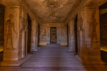 Fototapeta na wymiar Abu Simbel, Egypt - November 16, 2021: Inside the great ancient Egyptian temple of Nefertari at Abu Simbel, Egypt