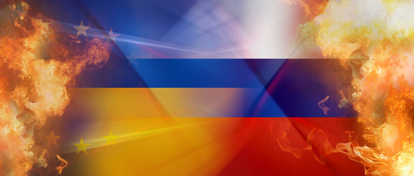 fire and flames abstract symbolic background. flag of Europe Ukraine and Russia background 3d-illustration