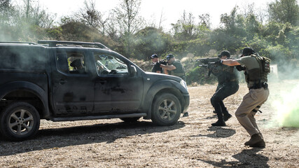 Anti-Terrorist unit exercise. Securing vehicles and rescuing hostages