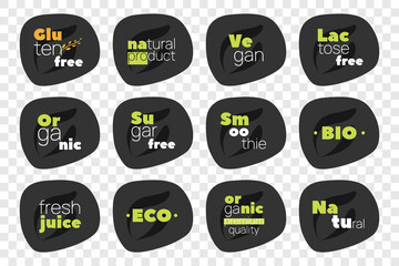 Gluten, Sugar, Lactose Free, Organic, Natural, Vegan, Smoothie, Juice, Bio, Eco vector icon set. Isolated circle label, symbol for food, product sticker, allergy, diet, design element