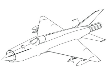 Military fighter jet icon in outline style isolated on white background vector illustration. Military vehicle logotype. Soviet Union fighter and interceptor aircraft Mig-21. - obrazy, fototapety, plakaty