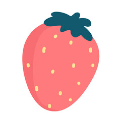 Cute strawberry vector graphic icon, red strawberry with green leaves and tiny yellow seeds. Summer red fruit berry, isolated.