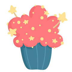 Flat cupcake with cream. Cartoon festive cake for a wedding, birthday, isolated. Holiday sweets. Hand drawn celebrate element vector illustration