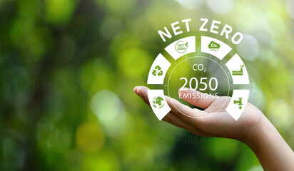 net zero 2050 emissions icon concept in hand for the environment policy animation concept...