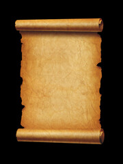 Old mediaeval paper sheet. Parchment scroll isolated on black