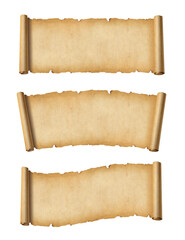 Old Parchment paper scroll set isolated on white. Horizontal banners