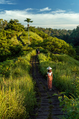 Woman hiking at the Bukit Campuhan on a sunny day in Bali, Indonesia - obrazy, fototapety, plakaty