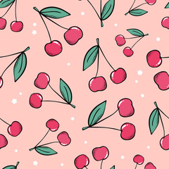 seamless pattern with cherry and stars on pink background. 90's aesthetic textile print, wrapping paper, scrapbooking, stationary, packaging, wallpaper, etc. EPS 10
