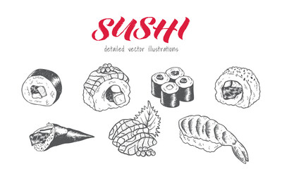 Beautiful hand drawn sushi, sketch design, doodle elements, great for textiles, banners, wallpapers, menus, background - vector design