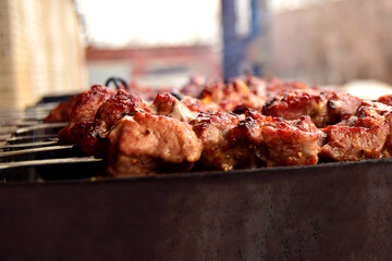 Cooking barbecue on skewers in nature. Barbecue season open