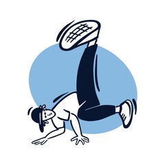 Break dancer performing stunts. B-boy jumping. Street dance boomerang move. Black and white character on blue circle background. Sketch style vector design illustrations.