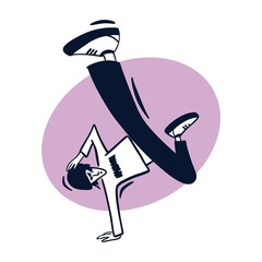 Break dancer performing stunts. B-boy jumping. Street dance handstand move. Black and white character on violet circle background. Sketch style vector design illustrations.