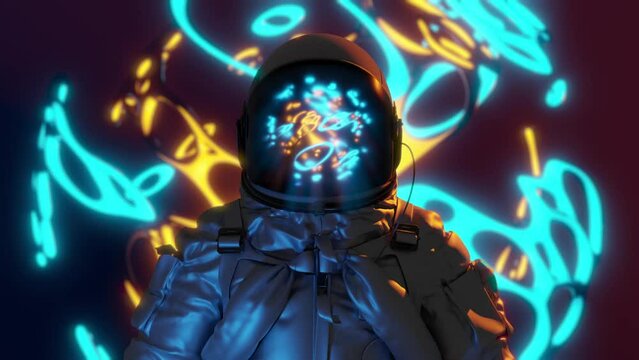 Astronaut among neon laser beams. Futuristic loop animation background.