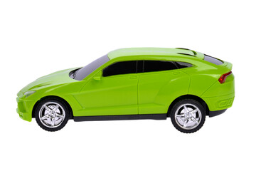 Toy green car on white background