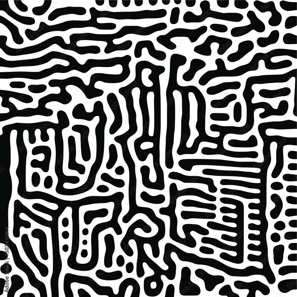 Poster vector illustration of a seamless black-and-white maze pattern with lines and dots