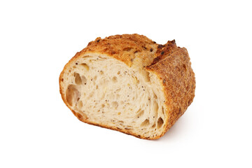 Closeup slice of fresh baked french baguette bread isolated at white background.