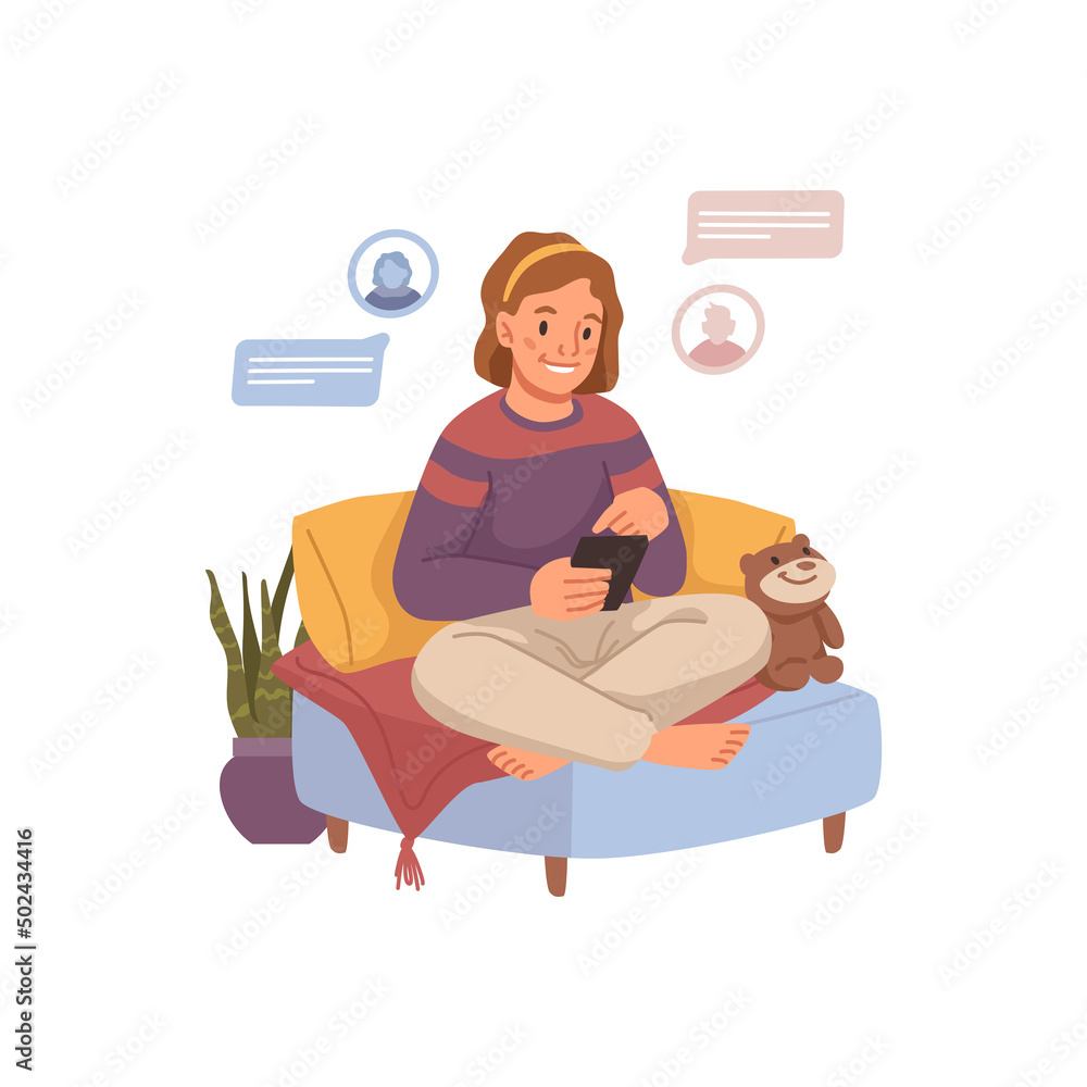 Aufkleber Girl child using smartphone gadget for communication with friends. Vector flat cartoon character with phone spending time on social media or network, chatting and messaging online in web