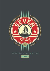 Fototapeta premium Sail on the seven seas vintage tee shirt design template. Apparel print layout with coastline scene and sail boat. Navy style vector print layout.