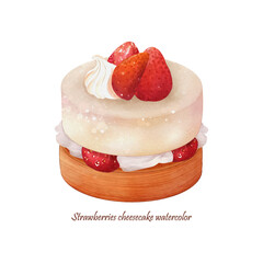 Watercolor of strawberries cheesecake vector on white background