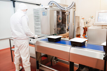 Production process, packaging on the conveyor line of meat in boxes.Conveyor Belt Food.Automated production line in modern food factory.People working.Chicken fillet production line.