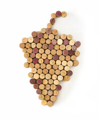 A bunch of grapes made of wine cork isolated over a white background.