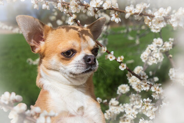 chihuahua among a flowering tree