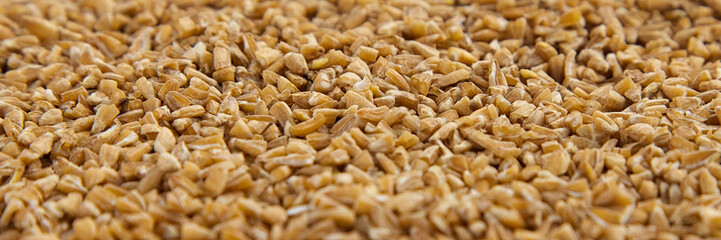 Handful of crushed whole wheat grain background for banner,.