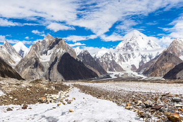 Marble peak, K2 mountain and Godwin-Austin glacier from Vigne glacier, Gondogoro La trek, Pakistan