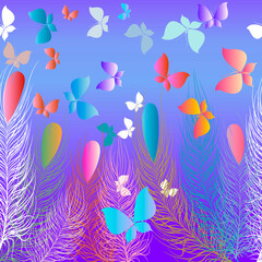 Cartoon bright seamless pattern for children, kids, baby. Floral colorful vector background with flying butterflies, sky, grass, flowers. Repeat gradient backdrop. Border. Decorative cute design