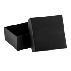 Square black open cardboard box with a lid - side view. For design, branding, presentation or advertising. Isolated on white background