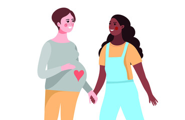 a happy LGBT female couple with one partner pregnant standing together, smiling and holding hands on white background - flat hand drawn vector illustration