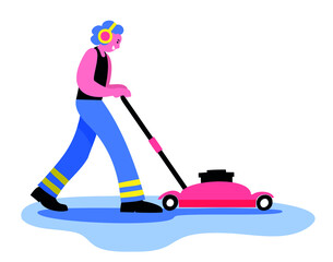 a young tall man mowing the lawn with a red mower smiling on white background - flat hand drawn vector illustration