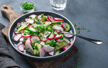 Vitamin salad with radish, cucumber and herbs on a gray-blue background. Side view, copy space.