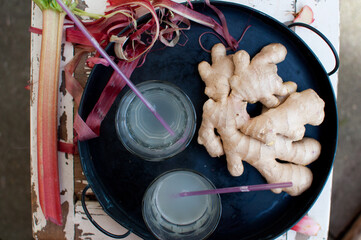 Rhabarber Ingwer Limonade. erfrischendes Getränk. Sommer draußen. Rezept 