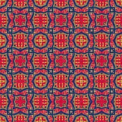 Indian boho summer bandana seamless symmetrical pattern. Versatile masculine red blue scarf print in kaleidoscopic floral ornamental style.
