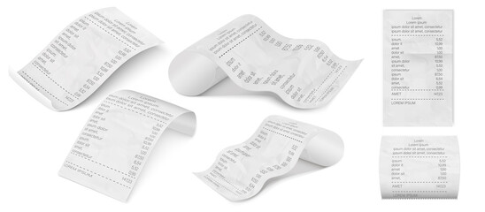 Bill cheque receipt seller forms. Bills for cash or credit card transaction. Cash supermarket shop receipt paper.