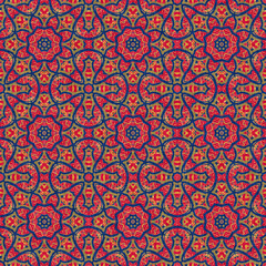 Indian boho summer bandana seamless symmetrical pattern. Versatile masculine red blue scarf print in kaleidoscopic floral ornamental style.
