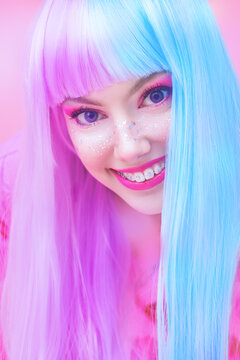 girl in bright colored wig