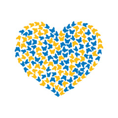 Fototapeta na wymiar Butterflies in heart shape in the colors of the Ukrainian flag. Poster, placard, symbol. Pray for Ukraine