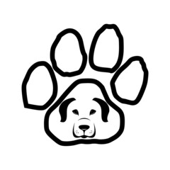 Pet care sign. Dog in paw print icon on white background