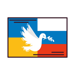 Dove of peace on the background of the Ukrainian and Russian flags. Ukraine and Russia military conflict