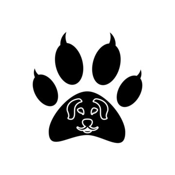 Pet care sign. Dog in paw print icon on white background