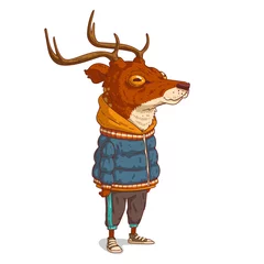 Poster A Serene Bystander, isolated vector illustration. Calm anthropomorphic deer wearing a warm casual outfit and observing something tranquilly. A city dweller. An animal character with a human body. © Kyyybic