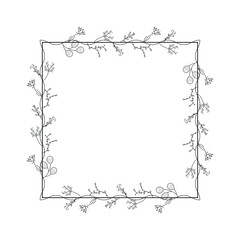 Abstract Black Simple Line Suqare With Leaf Leaves Frame Flowers Doodle Outline Element Vector Design Style Sketch Isolated Illustration For Wedding And Banner
