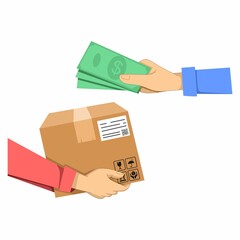 Payment by cash for express delivery. Flat illustration how people deliver package and pay for the delivery by cash. Human hand holds money and pay for the package. Courier get payment for it