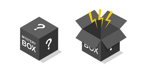 Closed and open mystery black box isometric icon. Secret prezent. Lucky prize concept. Vector illustration isolated on white background.