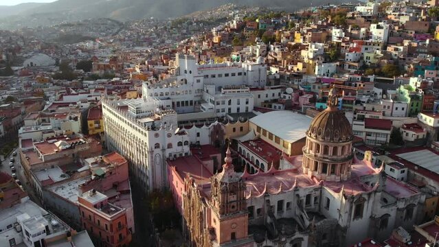 Guanajuato City, Mexico, aerial view of historical buildings. Temple os San Felipe and University of Guanajuato